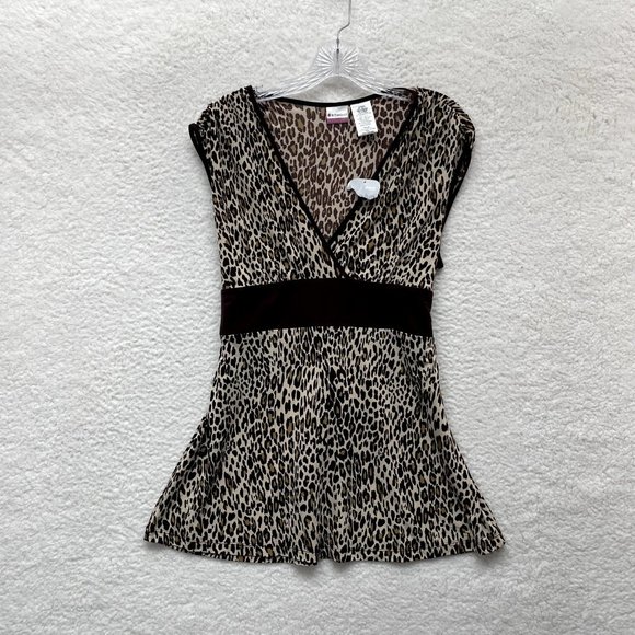 NWT NEW No Boundaries Brown Beige Cheetah Leopard Slinky Stretch Babydoll Top L - Picture 1 of 10